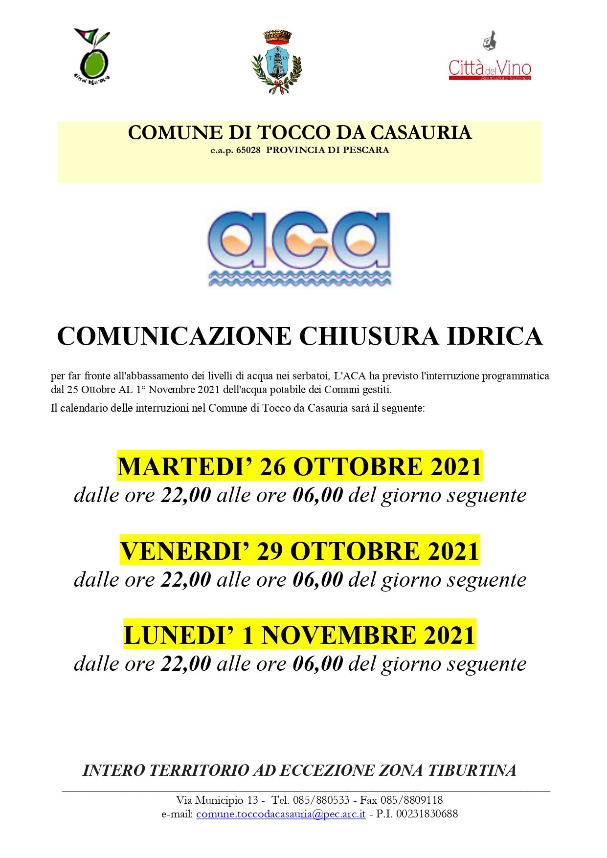 CALENDARIO CHIUSURA ACQUA